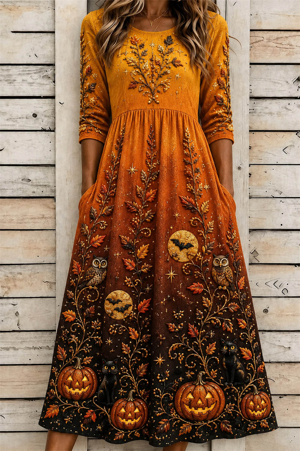 Phoebe pumpkin cat owl midi dress in orange, black, front view