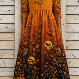 Phoebe pumpkin cat owl midi dress in orange, black, front view