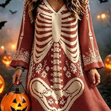 Florence skeleton v neck mini dress in red, white, front view