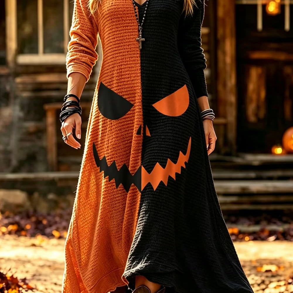 Iris pumpkin face maxi dress in orange, black, front view