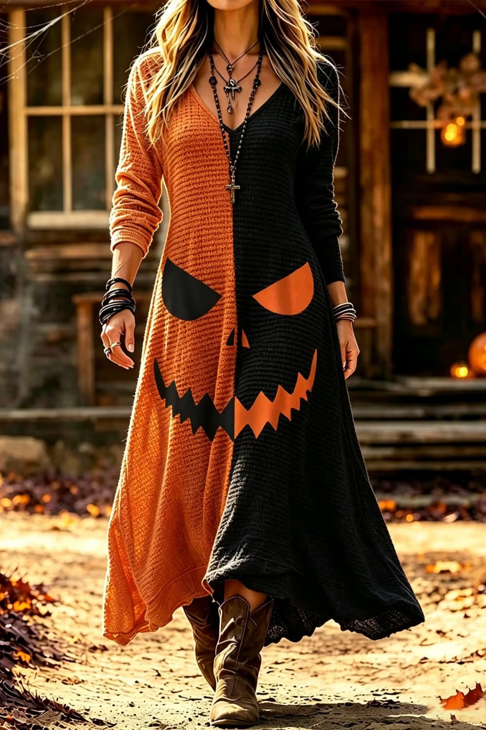 Iris pumpkin face maxi dress in orange, black, front view