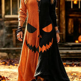 Iris pumpkin face maxi dress in orange, black, front view