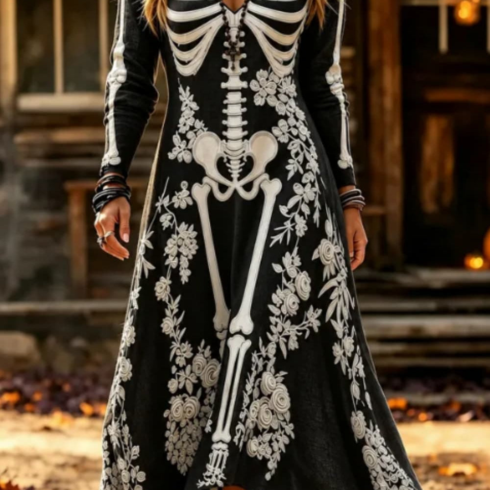 Adelaide skeleton floral midi dress in black, white, front view