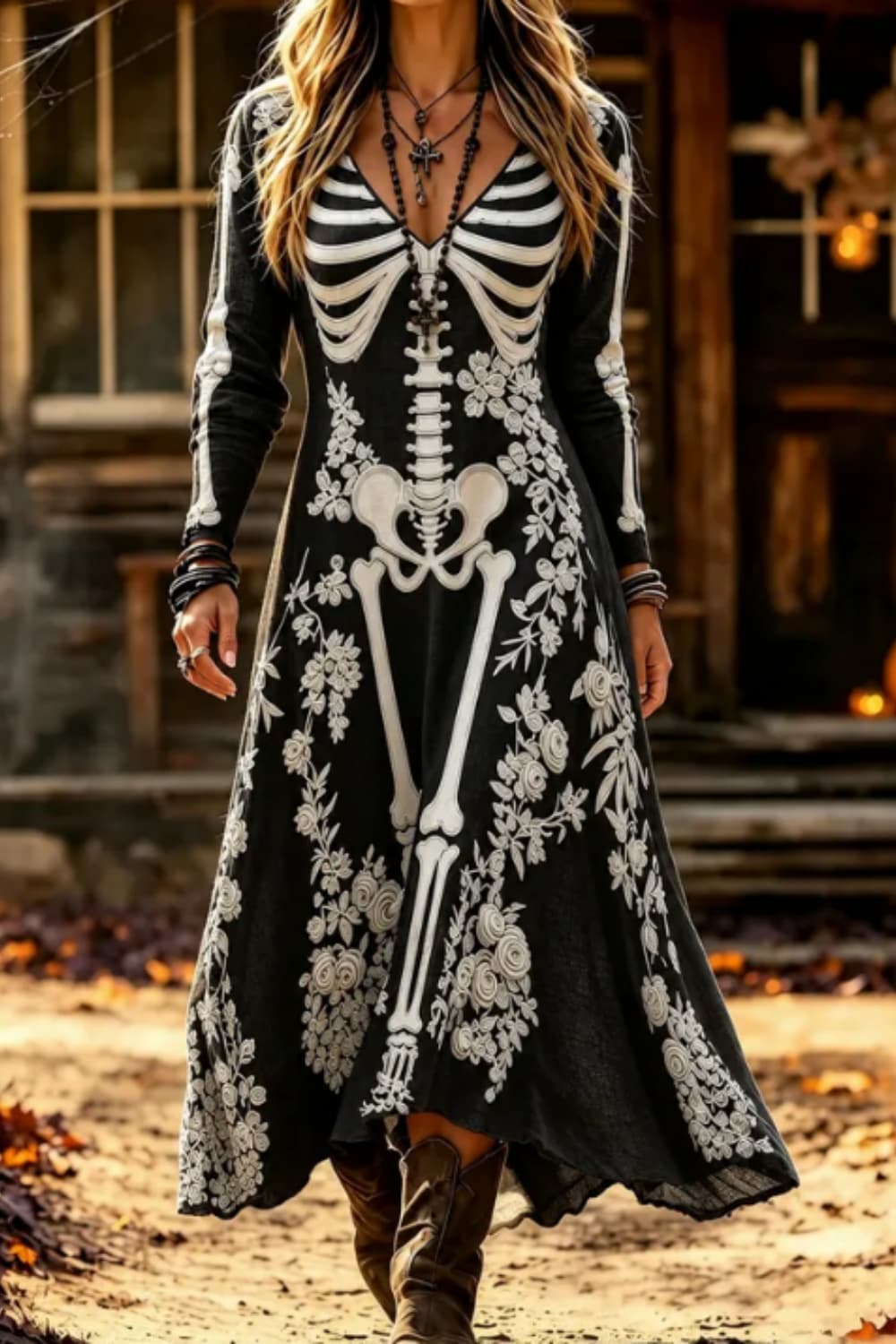 Adelaide skeleton floral midi dress in black, white, front view