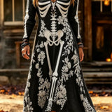 Adelaide skeleton floral midi dress in black, white, front view