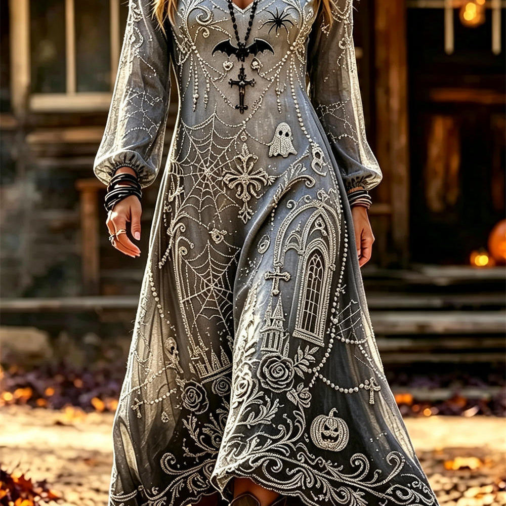 Rosalie spiderweb V-neck dress in gray, front view