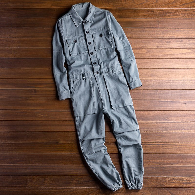 Hollis men's button front workwear jumpsuit in Blue, front view