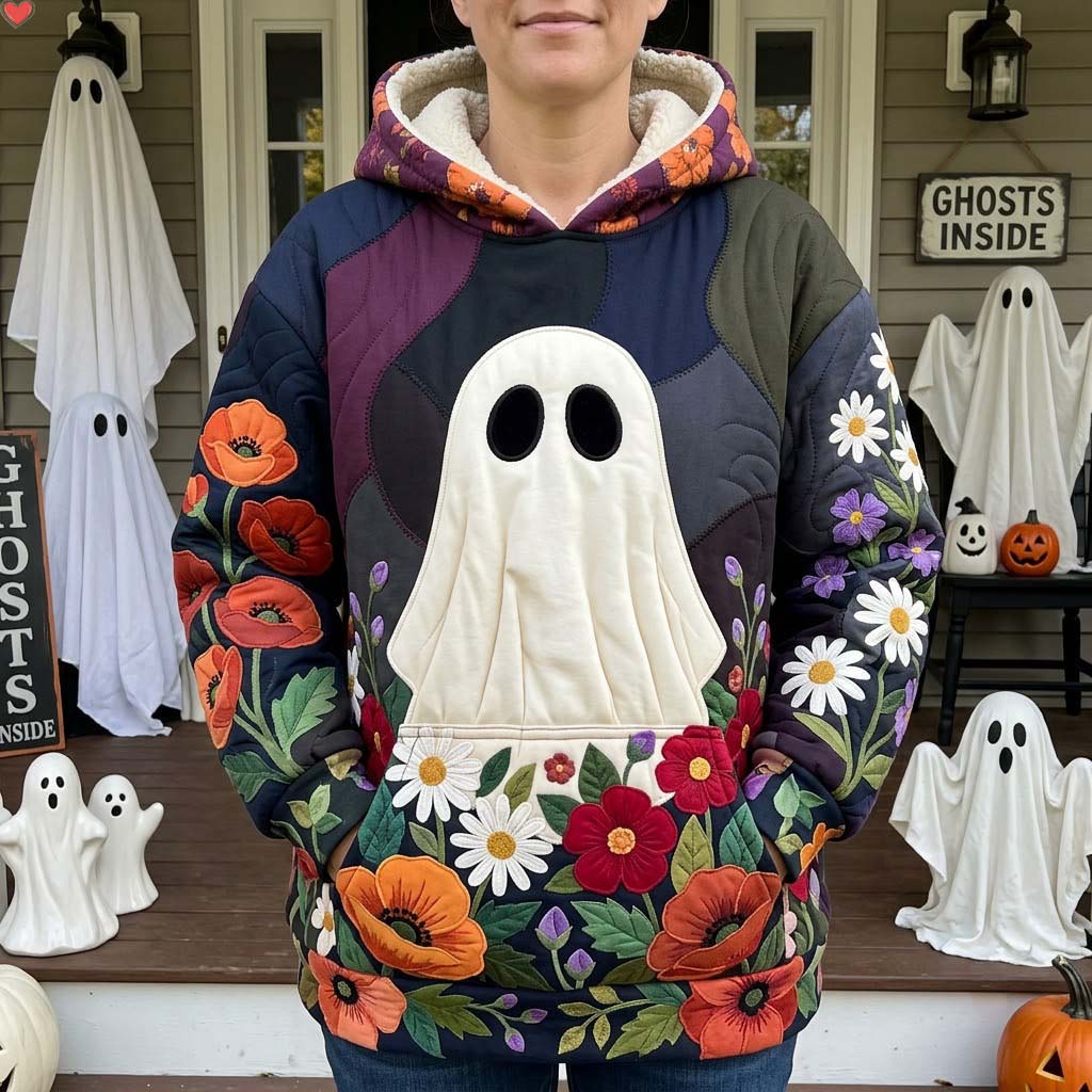 Stephanie Flower Garden Ghost Hoodie in blue, black, green, front view worn by a model
