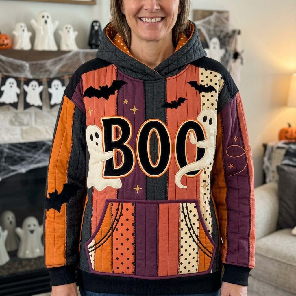 Lauren Boo Ghost Patchwork Hoodie in orange, purple, black, front view worn by a model