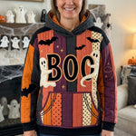 Lauren Boo Ghost Patchwork Hoodie in orange, purple, black, front view worn by a model