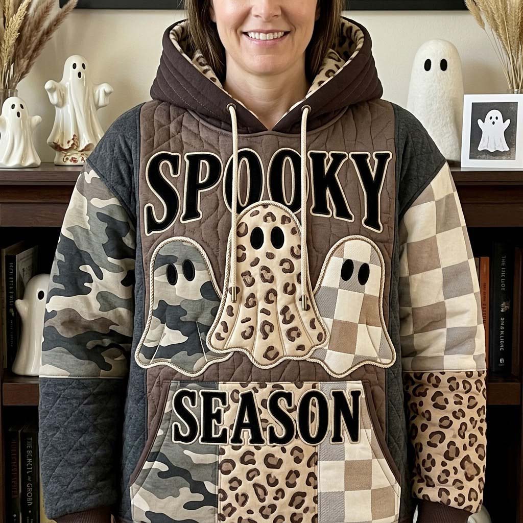 Melissa Patterned Ghost Trio Hoodie in brown, beige, green, front view worn by a model