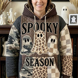Melissa Patterned Ghost Trio Hoodie in brown, beige, green, front view worn by a model