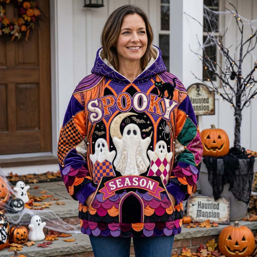 Nicole Carnival Ghosts Hoodie in purple, orange, black, front view worn by a model