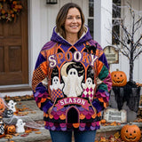 Nicole Carnival Ghosts Hoodie in purple, orange, black, front view worn by a model