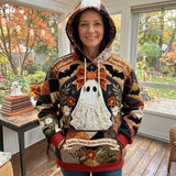 Michelle Lace Pattern Ghost Hoodie in black, orange, beige, front view worn by a model
