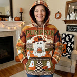 Amy Pumpkin Patch Ghost Hoodie in orange, brown, beige, front view worn by a model