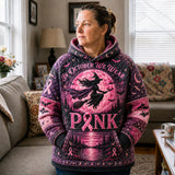 Rose Pink Moon Witch Hoodie in pink, black, front view worn by a model