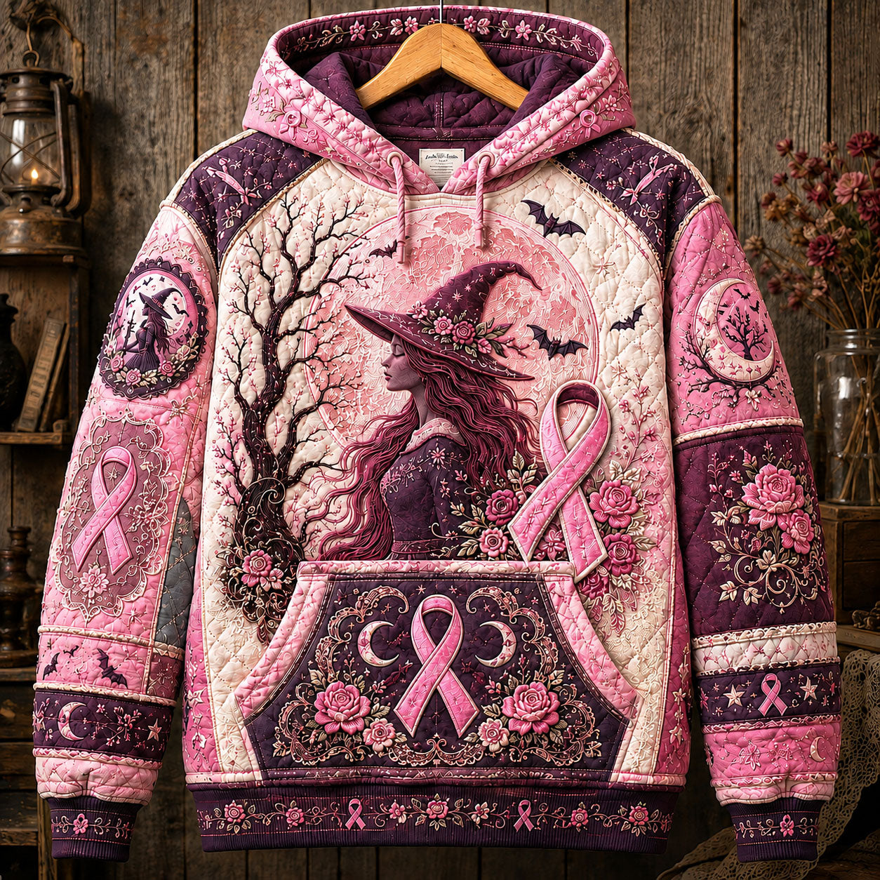 Briella Moon Witch Ribbon Hoodie in pink, burgundy, front view on a hanger