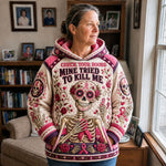 Summer Floral Skeleton Ribbon Hoodie in beige, pink, black, front view worn by a model