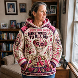 Summer Floral Skeleton Ribbon Hoodie in beige, pink, black, front view worn by a model