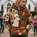 Eva Autumn Cross Ghost Hoodie in green, orange, beige, front view worn by a model