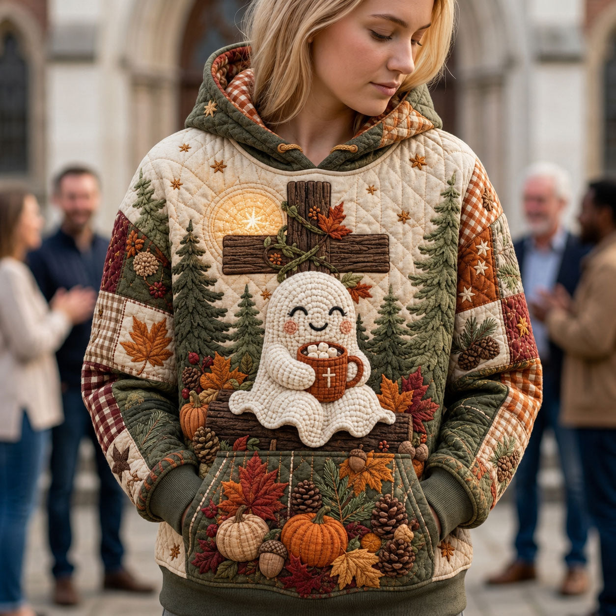 Adeline Faithful Coffee Ghost Hoodie in beige, green, orange, front view worn by a model