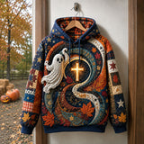 Emma Ghost Cross Swirl Hoodie in blue, orange, front view on a hanger