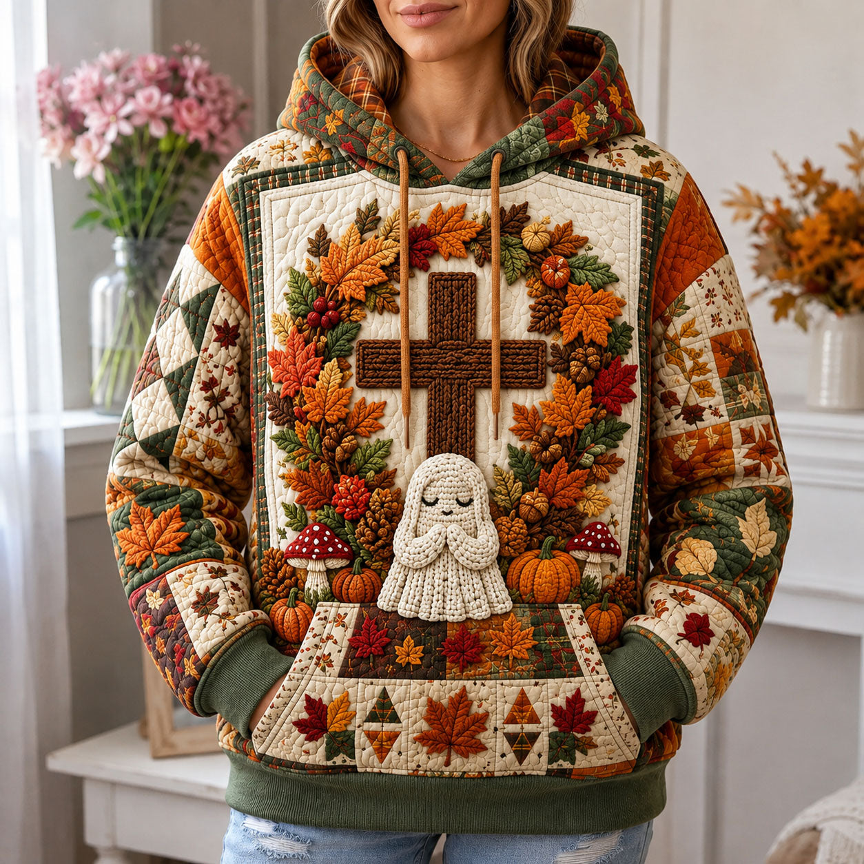 Maria Praying Ghost Cross Hoodie in beige, green, orange, front view worn by a model