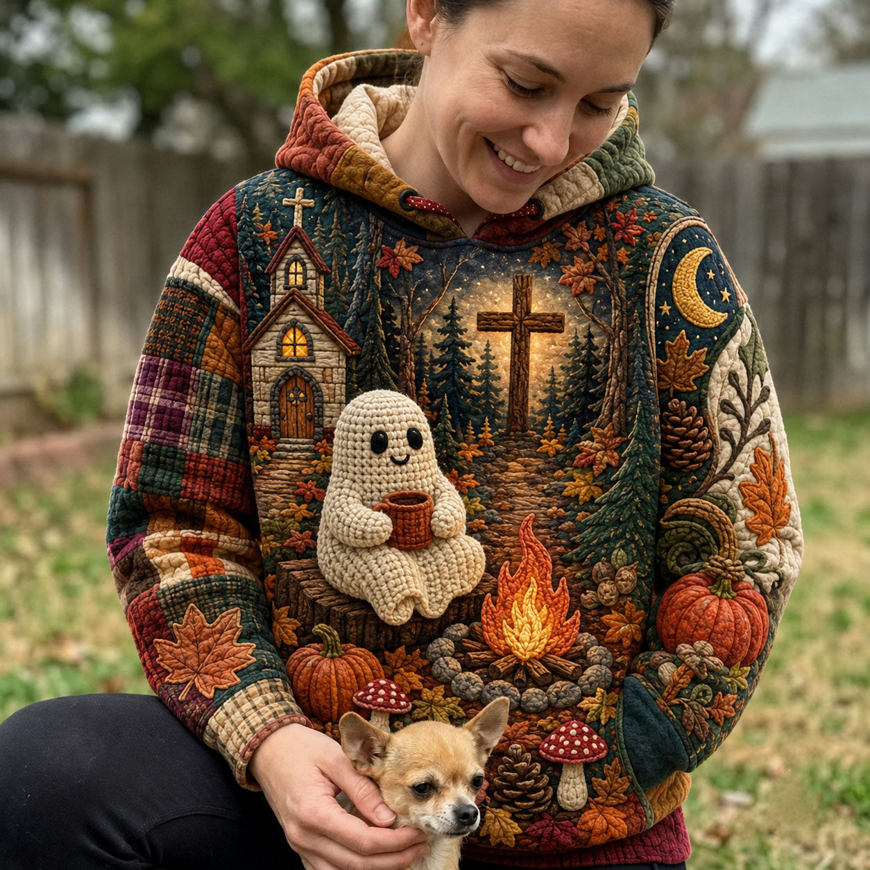 Alice Faith Campfire Ghost Hoodie in green, orange, brown, front view worn by a model