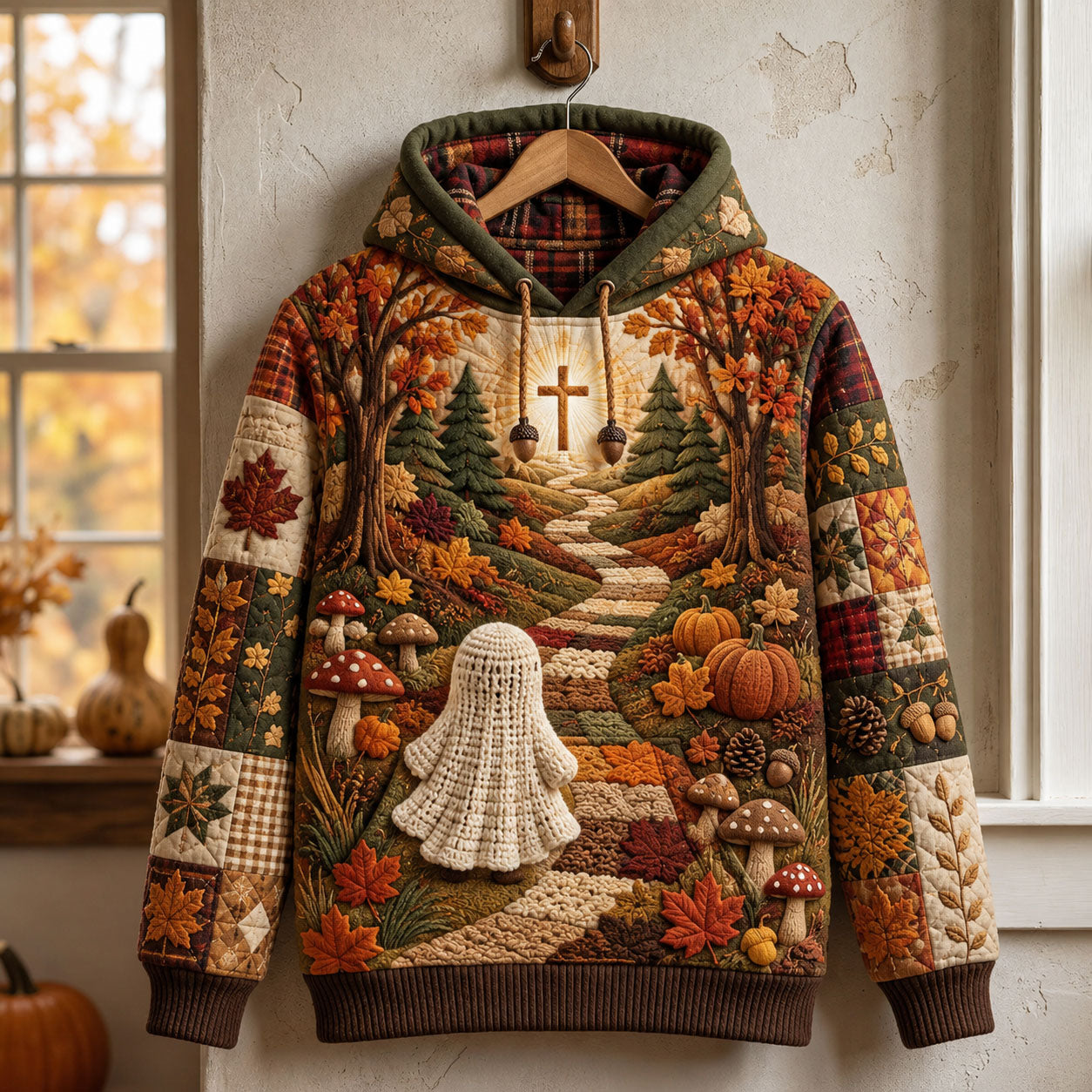 Reagan Autumn Cross Path Hoodie in brown, orange, green, front view on a hanger