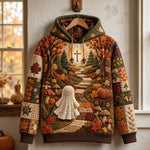 Reagan Autumn Cross Path Hoodie in brown, orange, green, front view on a hanger