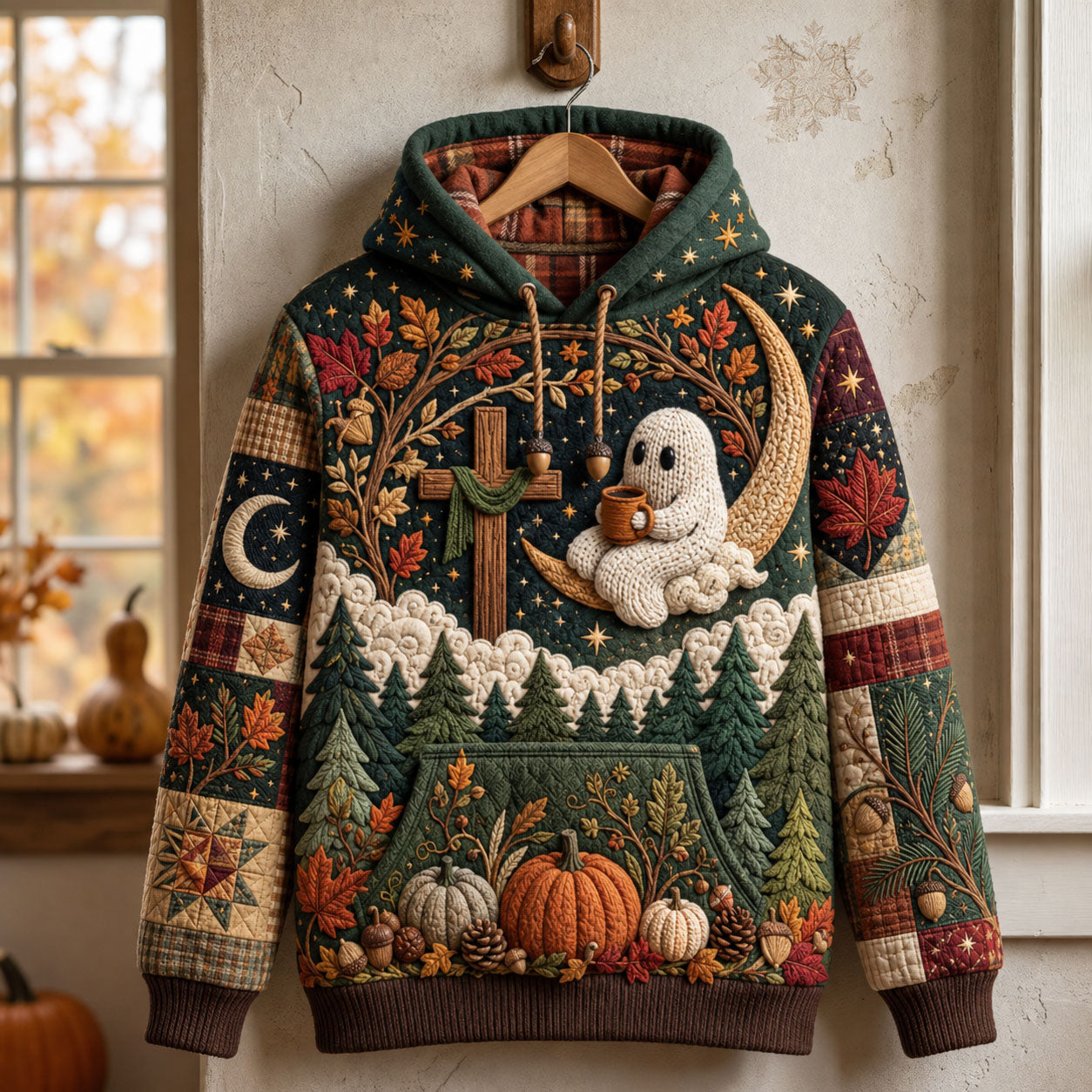 Melanie Moon Cross Ghost Hoodie in green, beige, orange, front view on a hanger