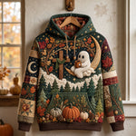 Melanie Moon Cross Ghost Hoodie in green, beige, orange, front view on a hanger