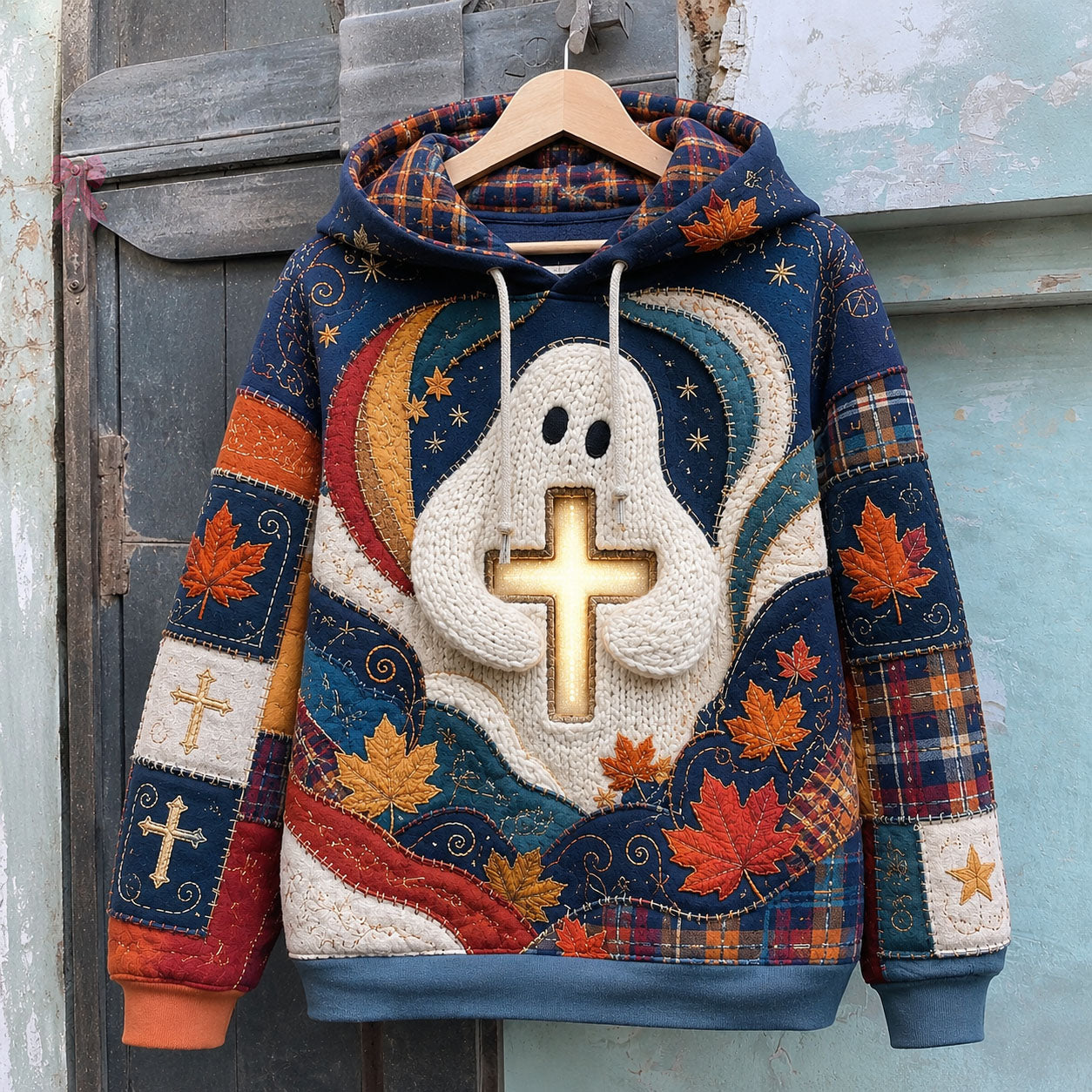 Leah Cross Ghost Swirl Hoodie in blue, orange, beige, front view on a hanger