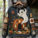 Delilah Pumpkin Church Ghost Hoodie in blue, orange, green, front view on a hanger