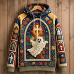 Maya Stained Glass Ghost Hoodie in blue, orange, yellow, front view on a hanger