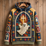 Maya Stained Glass Ghost Hoodie in blue, orange, yellow, front view on a hanger