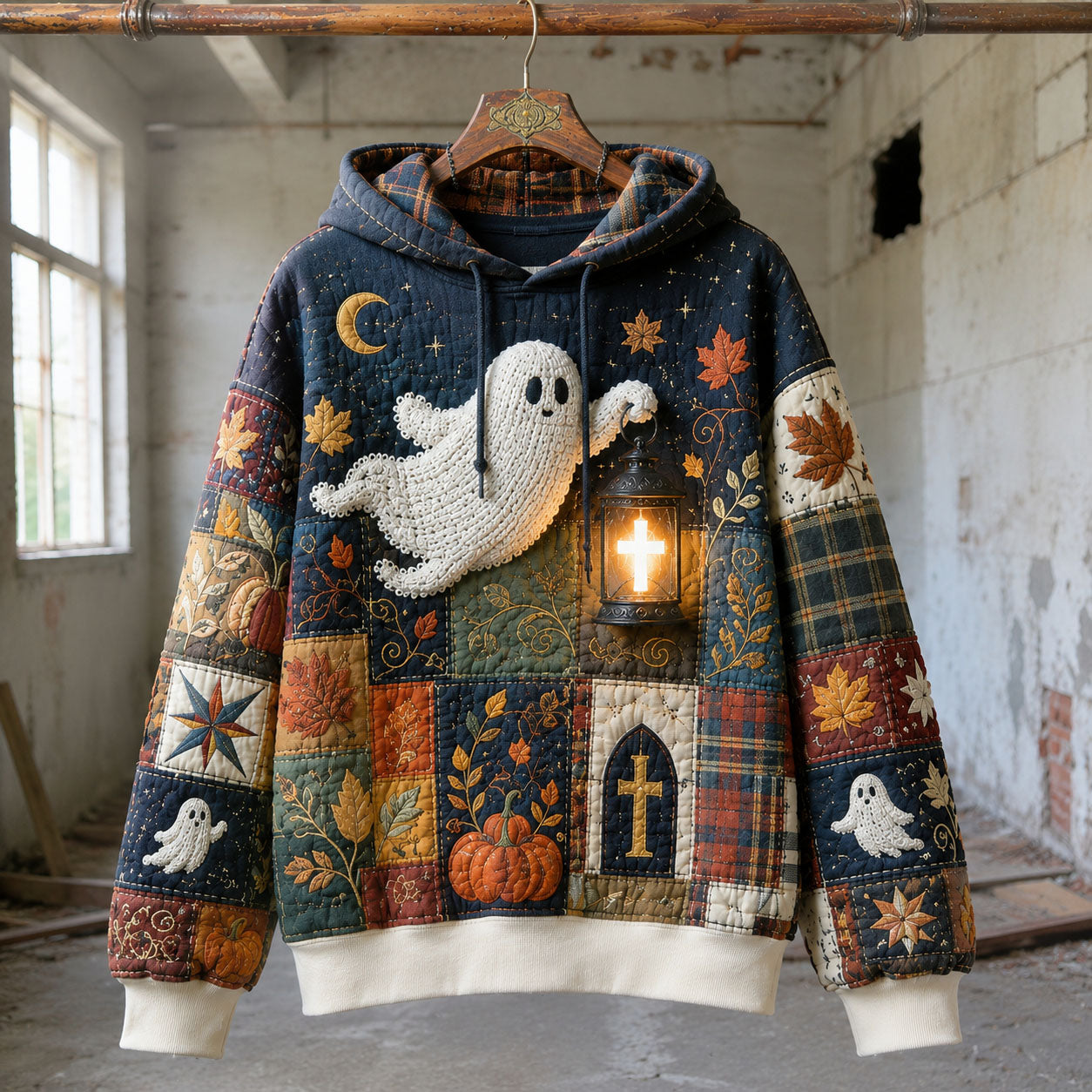 Valentina Lantern Ghost Hoodie in blue, orange, beige, front view on a hanger