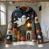 Valentina Lantern Ghost Hoodie in blue, orange, beige, front view on a hanger
