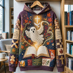 Elena Faith Book Ghost Hoodie in purple, orange, beige, front view on a hanger