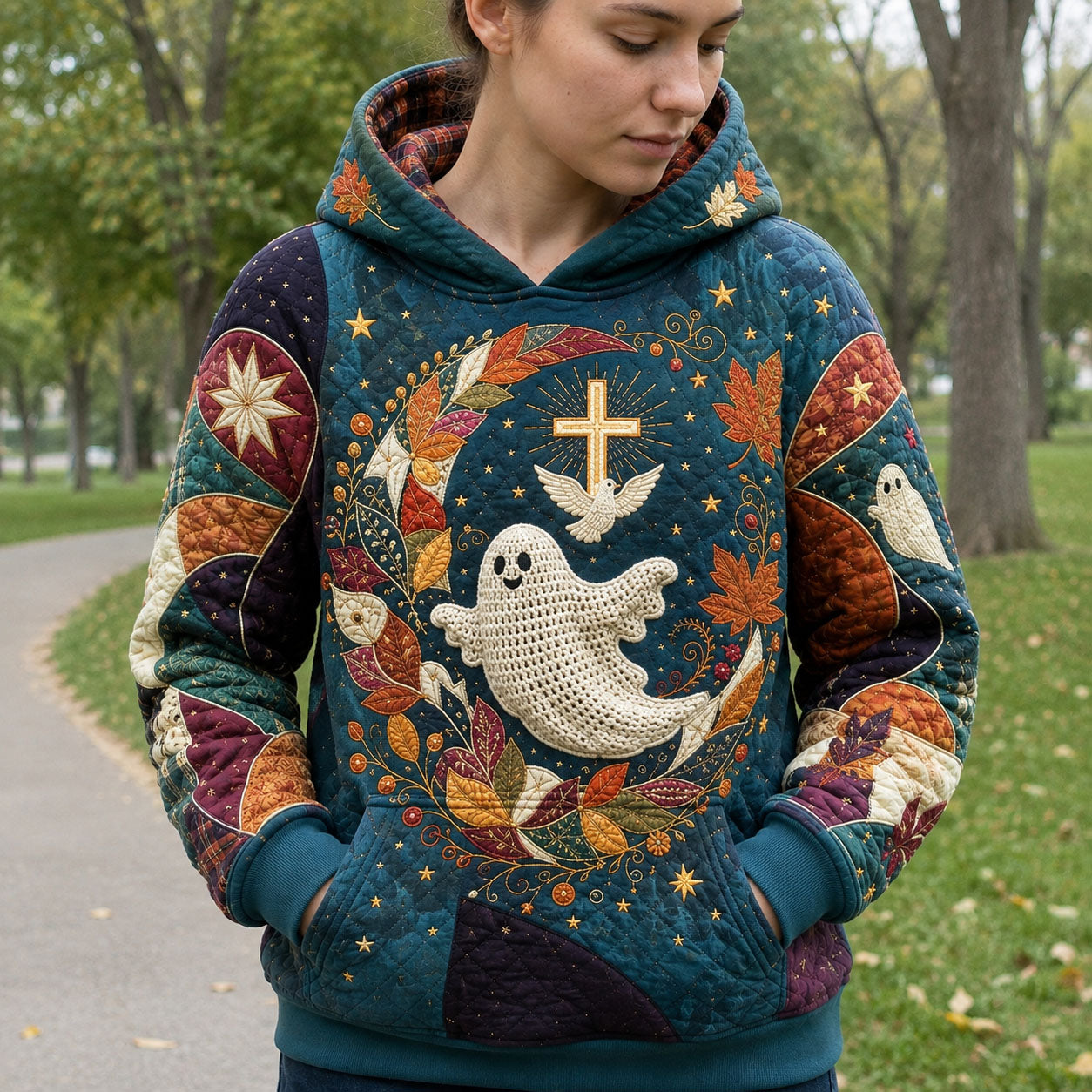 Hannah Autumn Faith Ghost Hoodie in blue, green, orange, front view worn by a model