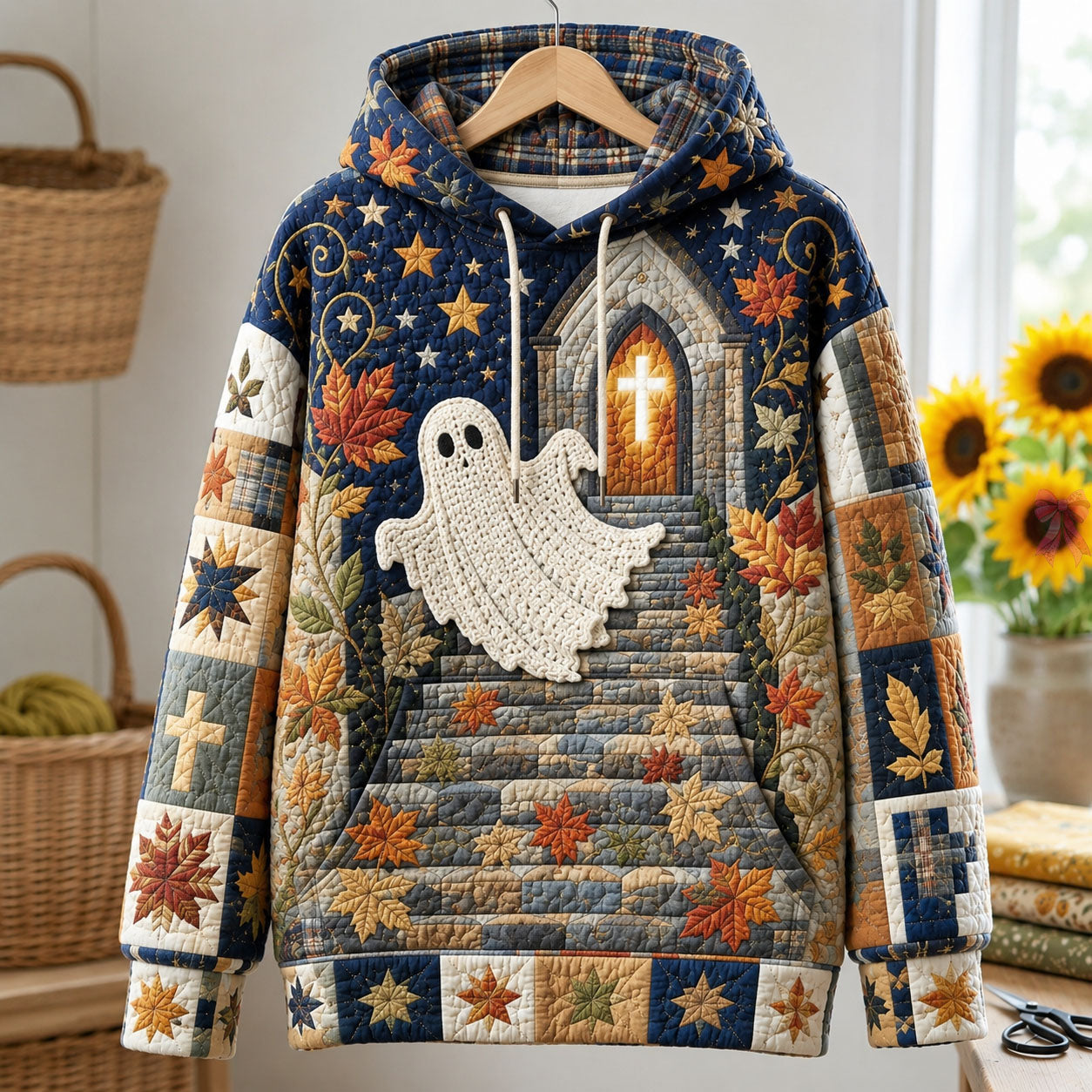 Stella Churchway Ghost Hoodie in blue, beige, orange, front view on a hanger