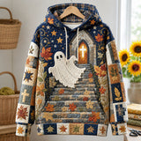 Stella Churchway Ghost Hoodie in blue, beige, orange, front view on a hanger