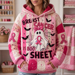 Valerie Ribbon Ghost Web Hoodie in pink, white, black, front view worn by a model
