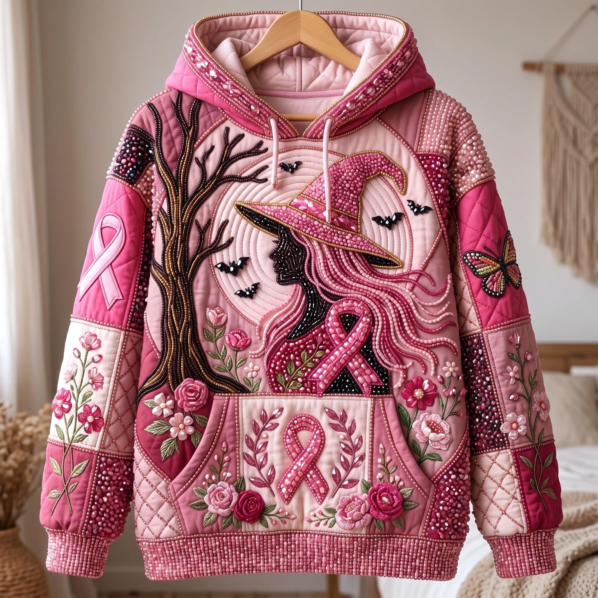 Brianna Rose Witch Ribbon Hoodie in pink, burgundy, front view on a hanger