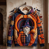 Allison Pumpkin Gnome Hoodie in orange, purple, blue, front view on a hanger