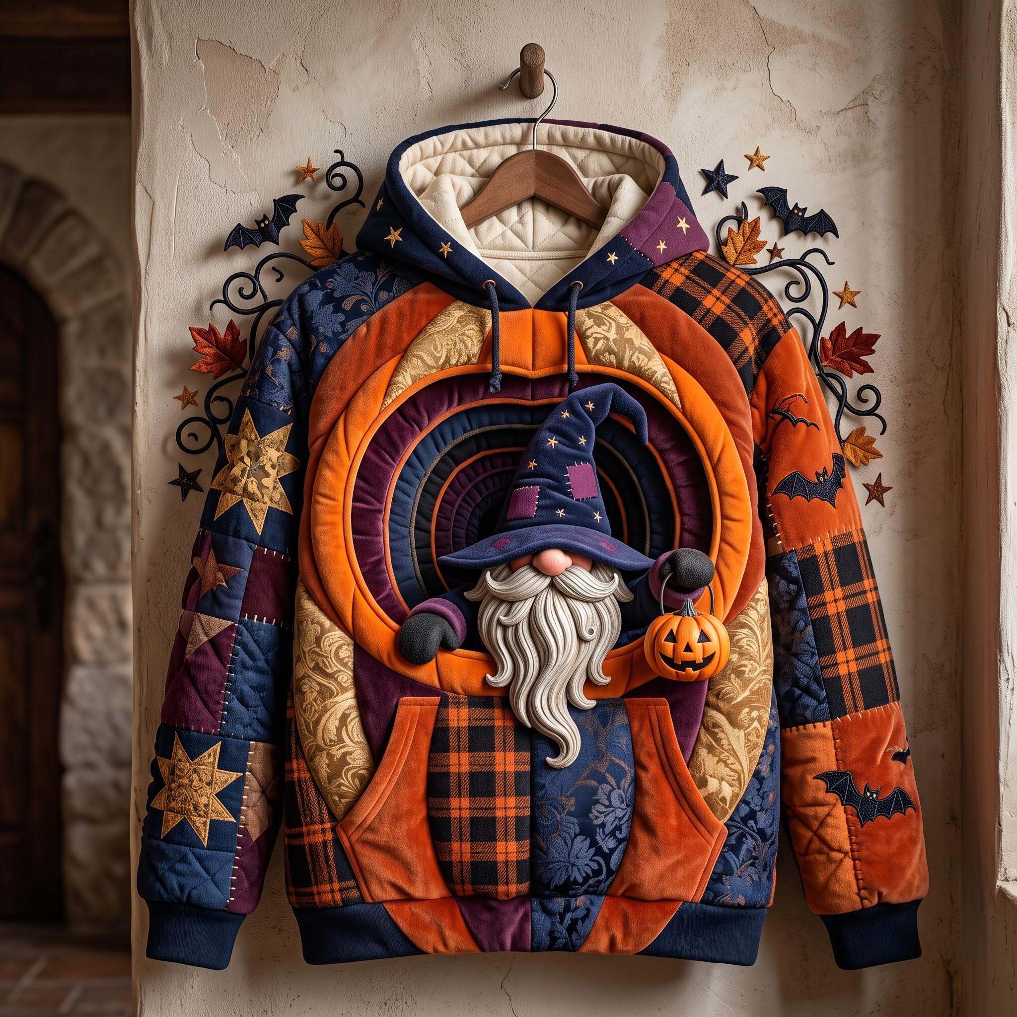 Allison Pumpkin Gnome Hoodie in orange, purple, blue, front view on a hanger