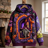 Skylar Moonlit Gnome Hoodie in purple, orange, black, front view on a hanger