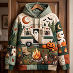 Isabelle Autumn Camper Ghost Hoodie in green, beige, orange, front view on a hanger