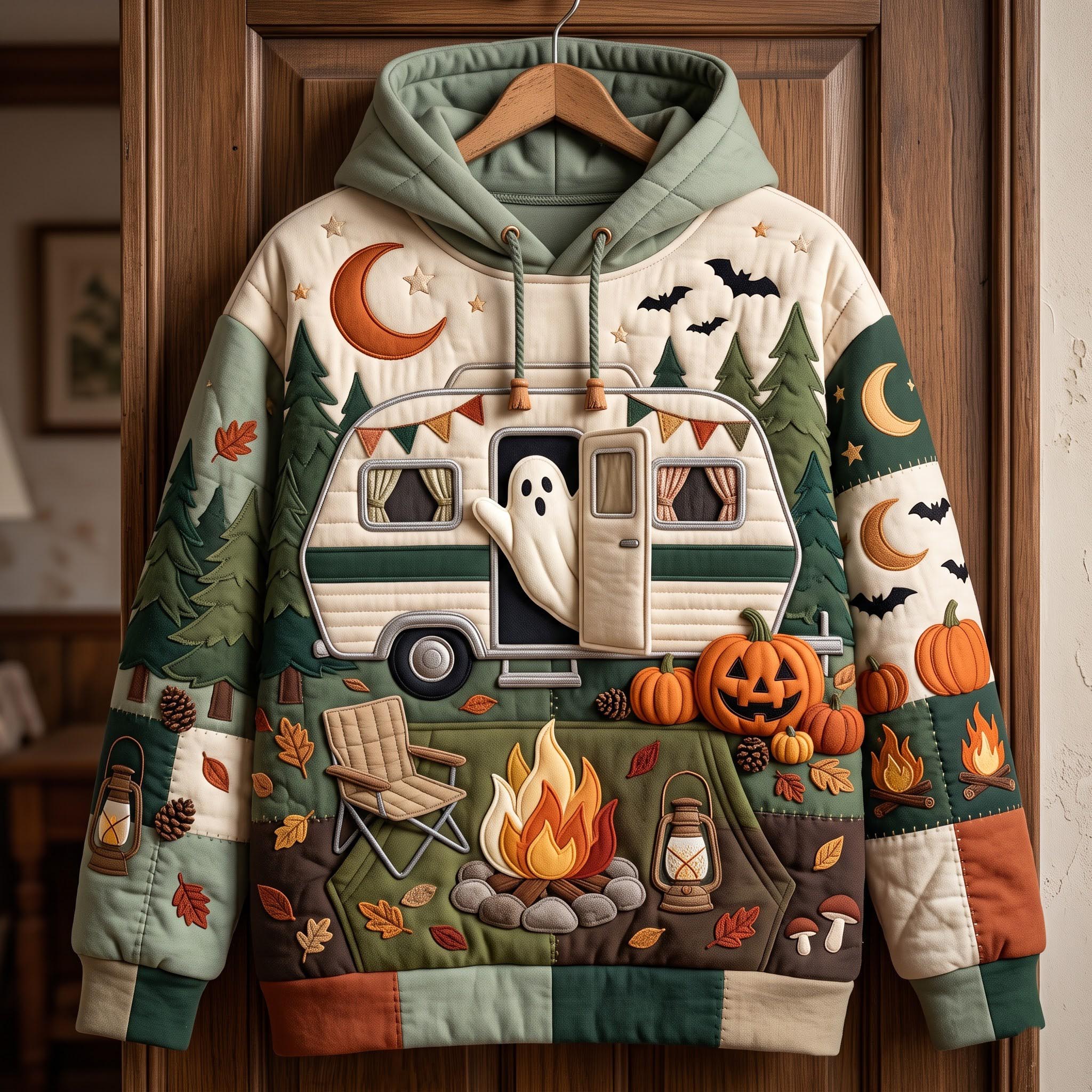 Isabelle Autumn Camper Ghost Hoodie in green, beige, orange, front view on a hanger